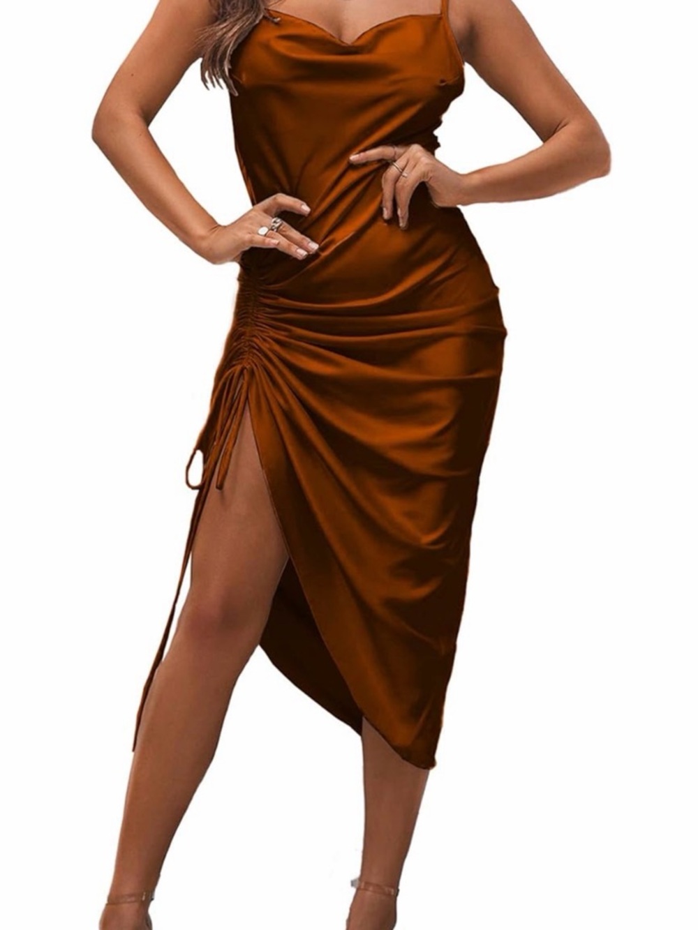 Satin Ruched Side Slit Midi Dress - Rust